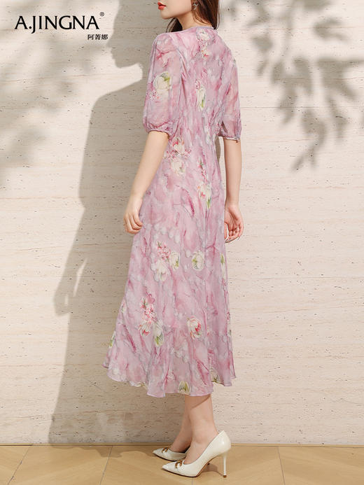 【清新淡雅】阿菁娜桑蚕丝轻盈印花V领五分袖连衣裙F30X212082 商品图4