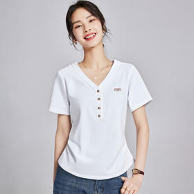 丁摩 白色女装夏季新款设计感V领不规则弧形下摆短袖t恤女半袖5ZF-R6683