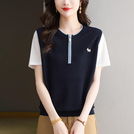 薄款休闲复古撞色，宽松百搭圆领半拉T恤CC-10-6367 商品图1