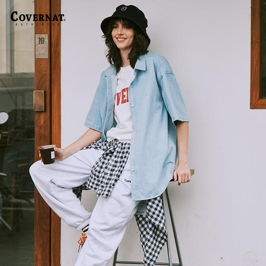 covernat韩国潮牌牛仔短袖衬衫男女情侣潮流时尚休闲翻领上衣夏新CO2402SS03 商品图3