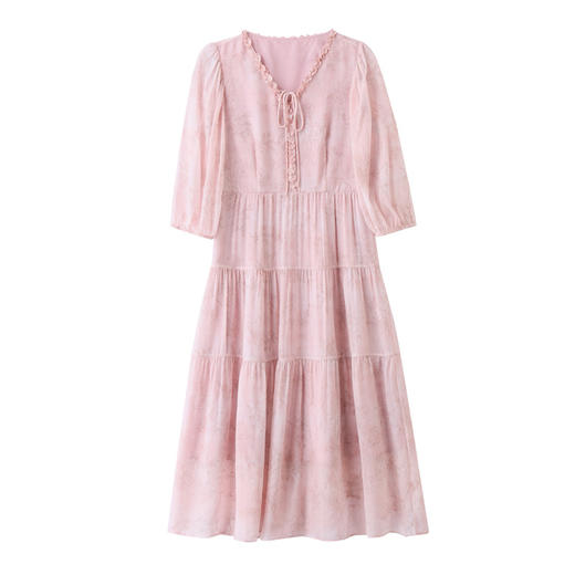 丁摩 印花木耳边时尚V领真丝连衣裙25029 商品图4