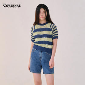 covernat韩国潮牌时尚潮酷短袖女士条纹中款针织衫2024春夏新品CO2402KT73