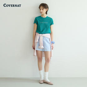 COVERNAT韩国潮牌女士条纹泡泡纱绑带短裤舒适版型2025夏季新