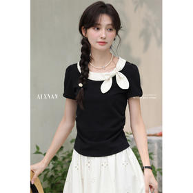 鹿向南「月光情诗」撞色蝴蝶结拼接黑色正肩短袖女夏T恤漂亮上衣