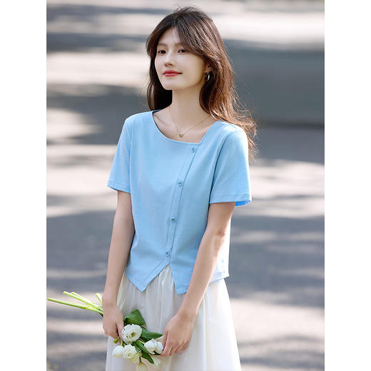 【专属特价】熙世界气质国风水墨印花套装夏装不规则方领T恤半身裙子两件套 商品图1