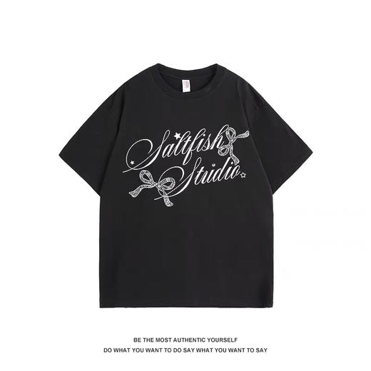 清仓价2025~情侣潮牌100%棉字母蝴蝶结印花短袖T恤-喜出 商品图2