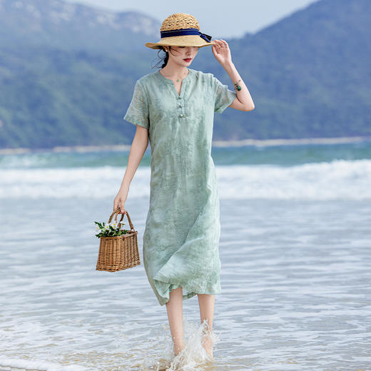 苎麻熊猫竹子，重工刺绣盘扣茶服连衣裙YM-S498 商品图2