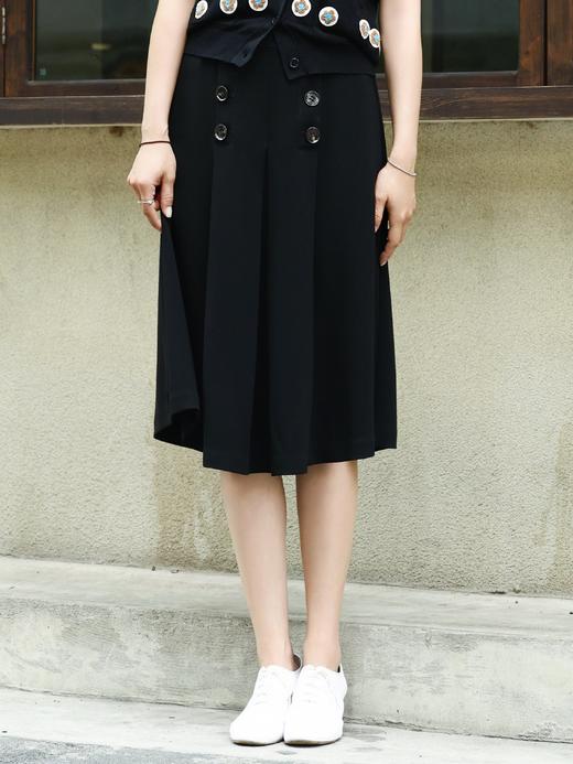 TYNVIE 黑色双排扣褶裥及膝半身裙 商品图1