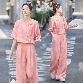 巨好看的年轻洋气套装女2025夏季新款民国风中式盘扣超火两件套裤HR-YQH9235