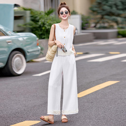 时尚套装2025夏季新款亚麻洋气蕾丝拼接马甲高腰阔腿裤两件套潮YDYX9360 商品图0