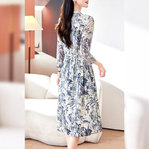 丁摩 19姆米重磅真丝双乔缎水墨青花瓷桑蚕丝印花连衣裙0178 商品图4