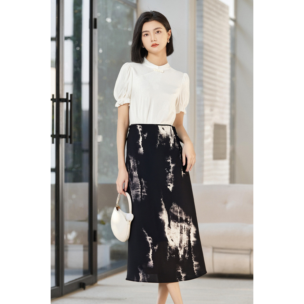 剩S/M/L 【国风提花衬衫水墨印花半裙两件套】新中式女套装夏季高级感气质3890