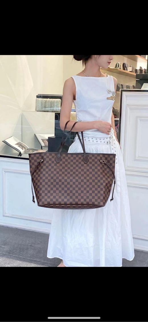 LV 大号 棕棋盘格 红条纹内里 nf 托特包 商品图1