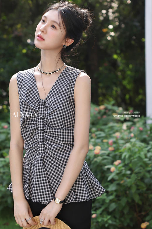 鹿向南「错位蕾丝」V领格子背心吊带女夏季褶皱收腰修身无袖上衣L56207 商品图5