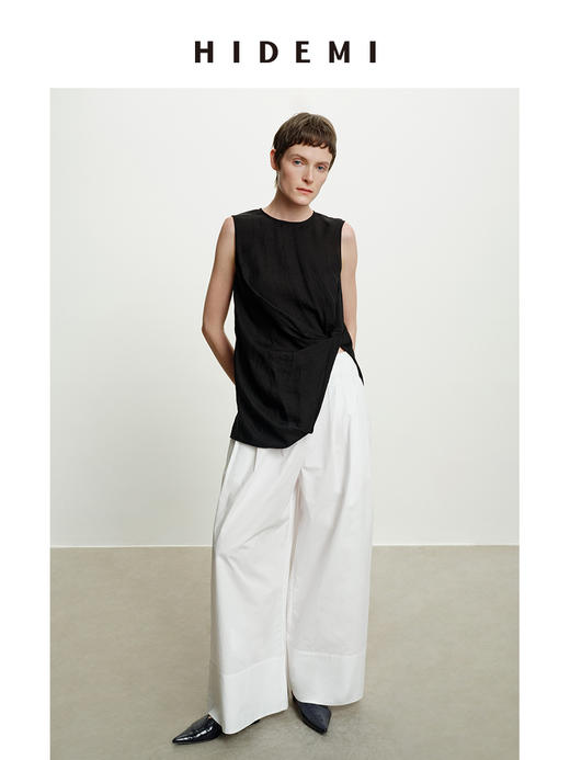 HIDEMI度假系列褶皱花苞堆叠感圆领前后两穿式背心上衣 黑色/白色 商品图5