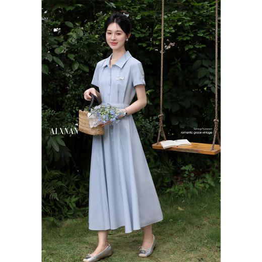 鹿向南「月亮湖畔」时尚翻领短袖连衣裙女夏季收腰蓝色通勤衬衫裙 商品图2
