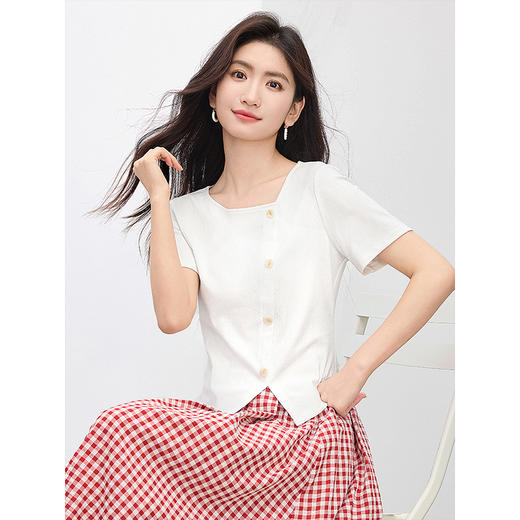 【专属特价】熙世界气质国风水墨印花套装夏装不规则方领T恤半身裙子两件套 商品图3