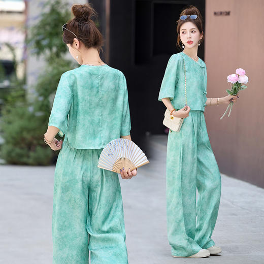 新中式国风套装，轻奢气质复古盘扣时尚洋气阔腿裤两件套HR-YQH9235-1 商品图3