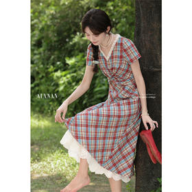 鹿向南「巷陌格影」法式短袖红格连衣裙女夏通勤假两件收腰长裙子
