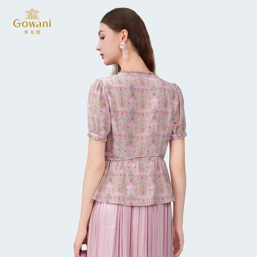 乔万尼2025夏季新品100%真丝V领木耳边收腰显瘦碎花上衣ED2C529 商品图4