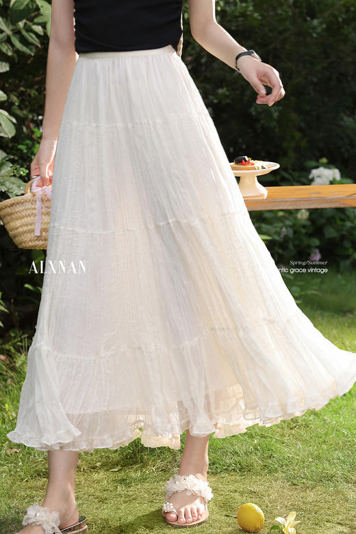 鹿向南「灵动月光」杏色半身裙女夏季新款独特百褶裙长款纱裙半裙 商品图5