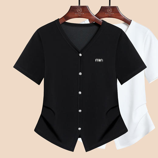 丁摩 白色女装夏季新款设计感V领不规则弧形下摆短袖t恤女半袖5ZF-R6683 商品图7