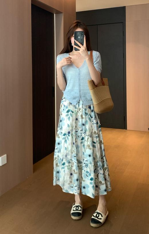 柔美清新2.5米用料天丝亚麻清新清爽印花松紧高腰半身裙 商品图1