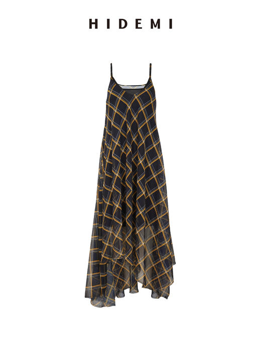 HIDEMI “我们做印花”原创手绘格纹清透薄纱缎设计感两件式防走光吊带连衣裙 商品图11