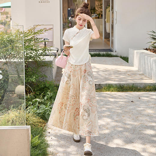 新中式国风套装，复古印花改良旗袍修身上衣裤裙两件套HR-GJC2571 商品图1