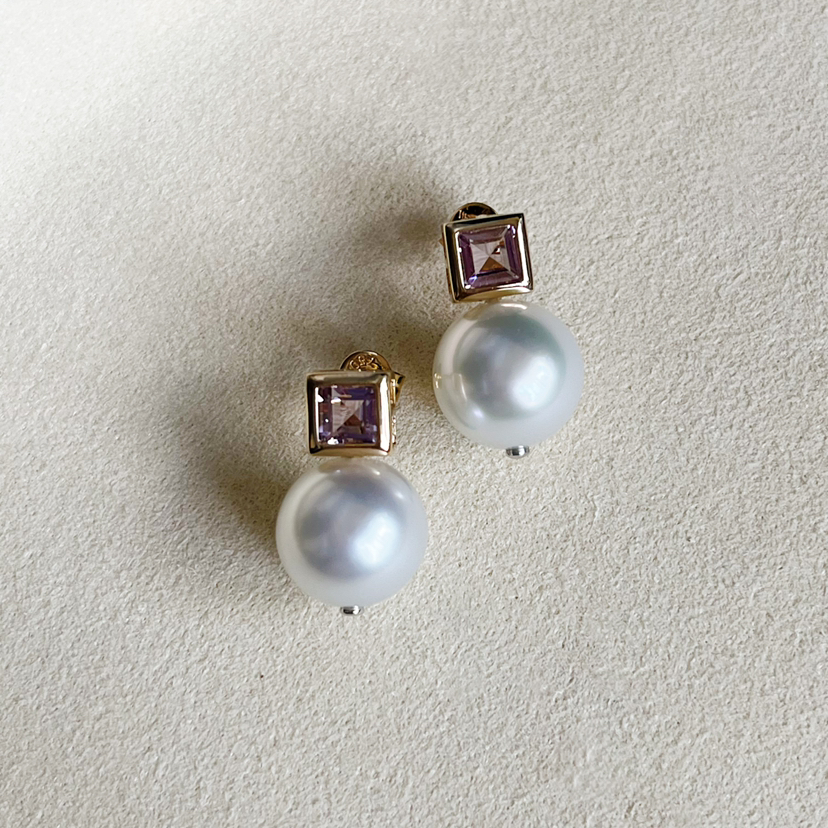 CHIC系列 14K/18K镶南洋珍珠和紫晶 耳钉
