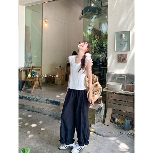 <曾小咸推荐>韩系纯色花边圆领小飞袖短袖T恤 商品图3