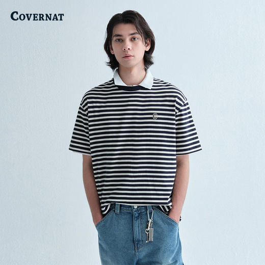 COVERNAT韩国潮牌条纹休闲短袖绿青春活力男女同款2025夏季新CO2502ST35 商品图0