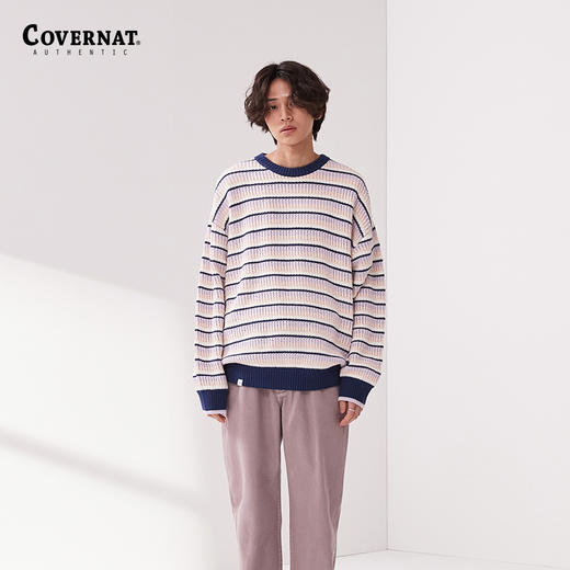 covernat2024春新品情侣款宽松套头针织衫减龄学院条纹CO2401KT05 商品图1