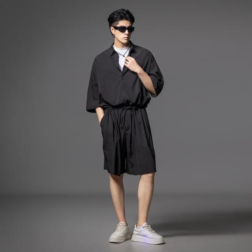 PINLI品立2025夏季新款暗黑系潮流男士宽松连体短裤纯色休闲套装B252117091 商品图5