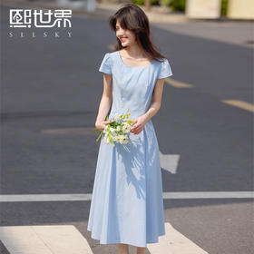 【周末秒杀】熙世界蓝色方领连衣裙女2025夏季新款法式度假气质大方得体的裙子