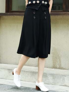 TYNVIE 黑色双排扣褶裥及膝半身裙