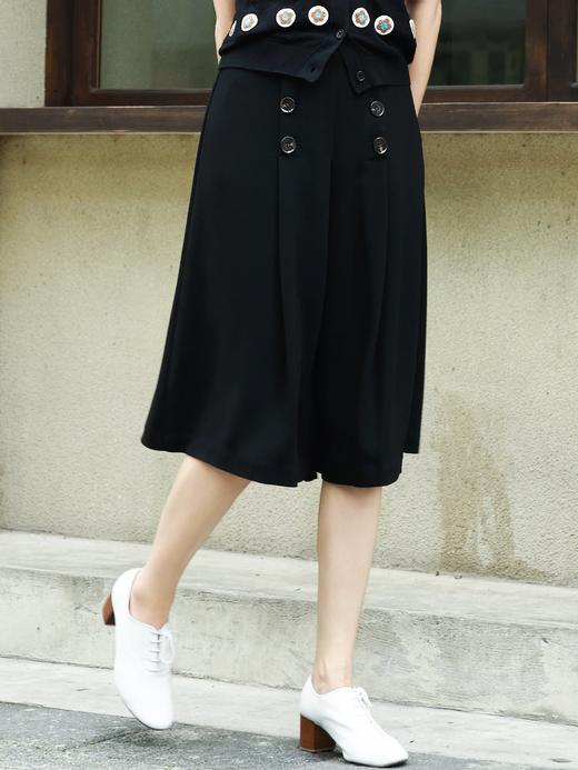 TYNVIE 黑色双排扣褶裥及膝半身裙 商品图0