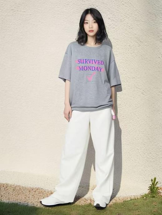 七夕福利-NO退~欧货粉字母花灰中长大版宽松短袖T恤-喜出 商品图1