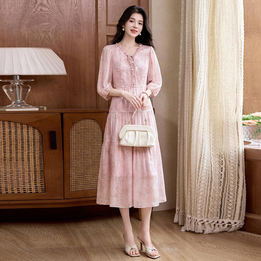 丁摩 印花木耳边时尚V领真丝连衣裙25029 商品图2