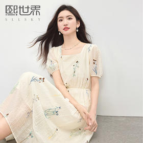 【专属特价】熙世界植物花卉刺绣天丝连衣裙女2025夏日新款法式方领莱赛尔裙子