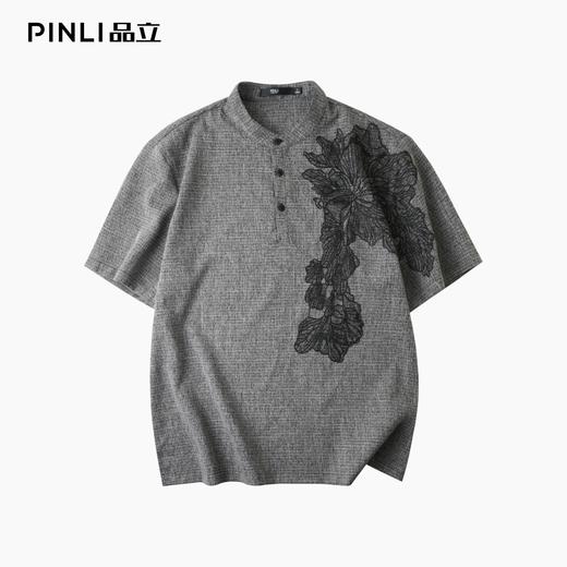PINLI品立2025夏季新款贴布绣立领短袖T恤潮流宽松男士休闲上衣服BG252111097 商品图3