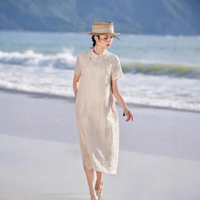 苎麻重工刺绣轻中式，短袖连衣裙立领旗袍 HS25829