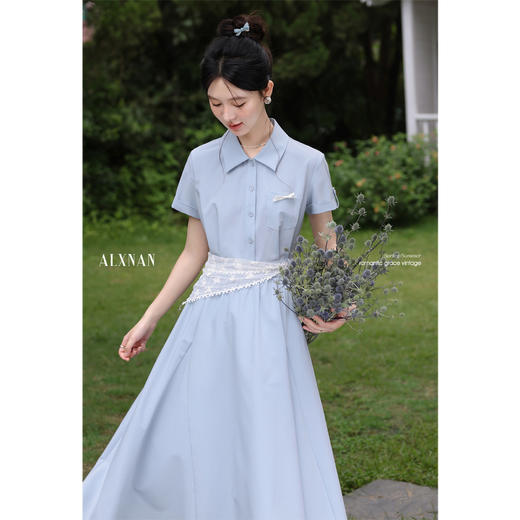 鹿向南「月亮湖畔」时尚翻领短袖连衣裙女夏季收腰蓝色通勤衬衫裙 商品图1