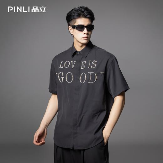 PINLI品立2025夏季新款潮牌轻奢感钉珠短袖衬衫男士宽松休闲衬衣GD252113433 商品图3