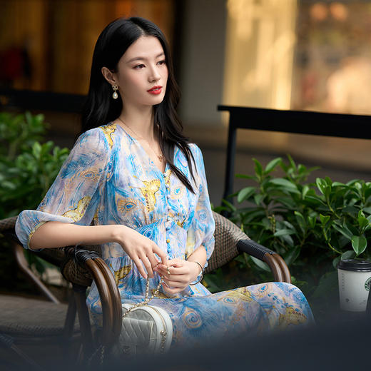 丁摩  春夏新品女装优雅大方套头收腰蝴蝶印花真丝连衣裙5ZF-90501 商品图1