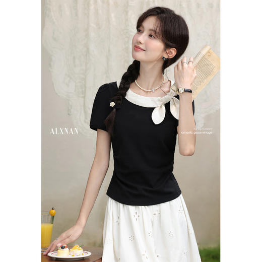 鹿向南「月光情诗」撞色蝴蝶结拼接黑色正肩短袖女夏T恤漂亮上衣 商品图1