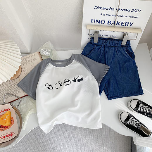 【夏日清爽，童趣系列套装~】儿童短袖T恤套装 牛仔短裤熊猫印花 无骨短袖 手感细腻 不易变形-QQ 商品图6