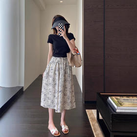 修饰腿型 复古质感印花裤裙高腰宽松八分阔腿裤女25夏新款！