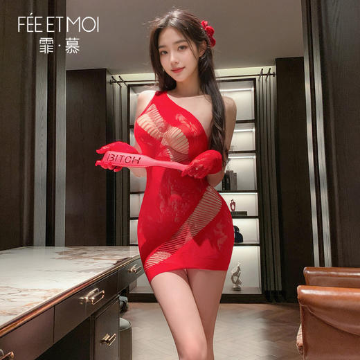 【情趣内衣】霏慕 热烈玫瑰单肩网衣裙连身袜套装7564 商品图3