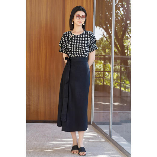 剩M/L/XL 【含桑蚕丝】中式风盘口千鸟格衬衫气质开叉半裙两件套女夏装3913 商品图2